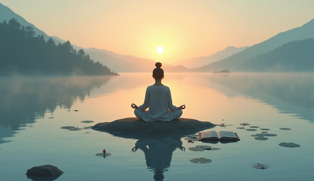 An Asian person sitting in meditation on a small island in the middle of a calm lake, with the sun rising on the horizon. A book of Asian legends lies open beside her., reflecting the calm of the water.