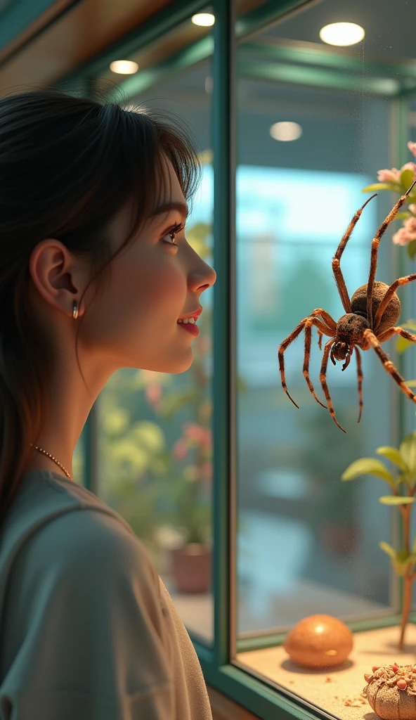 3d、Ultra HD、Side view、Digital Art、A woman smiles as she looks at a huntsman spider in a glass case at a pet store