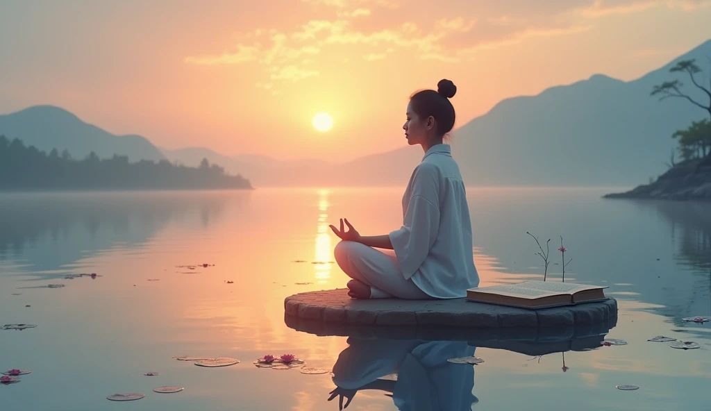 An Asian person sitting in meditation on a small island in the middle of a calm lake, with the sun rising on the horizon. A book of Asian legends lies open beside her., reflecting the calm of the water.