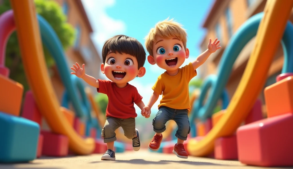 Once upon a time there were two brothers named Cássio and Diogo. Cássio, , smaller, short and straight hair, dark brown hair, transparent bangs, big cheeks and round face. Diogo, , short blonde hair, thin face and blue eyes. Show the toy track in the backyard, made of blocks and ramps. Cássio and Diogo celebrating the end of the cart race. Pixar, Disney