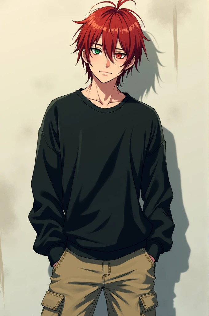 male, faded red hair, greeneyes, , a scar on the right eye, bonitas, wears black sweatshirt, beige cargo jeans, アニメ, trans, sem muitos detalhes