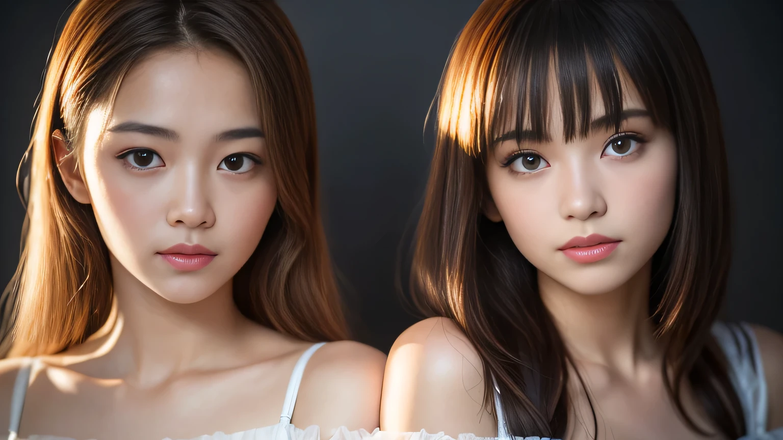 (2 young girls:1.5), (A hyper-realistic, hight resolution), (Highly detailed eyes, Highly detailed hair, Highly detailed face, Highly detailed plump lips), (Off-shoulder with open chest:1.1), Breast purification, Upper body, a smile:牙, Miniskirt, (See-through sheer panties:1.2), (Best Quality:1.4), Raw photo, (Realistic, Photorealsitic:1.37), Professional Photography, Cinematic Light, (Fine face: 1.2),