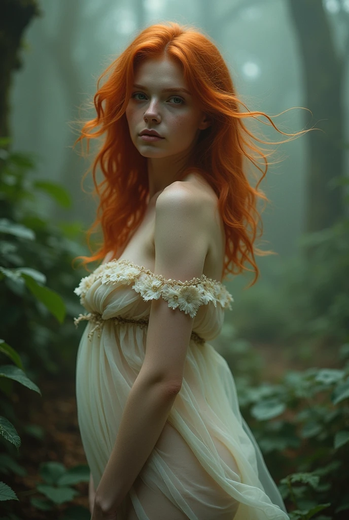 There is a woman with red hair posing in a forest, ethereal beauty, redhead girl, redhead goddess, in the forest, redhead woman, redhead, very ethereal, sensual woman, beautiful redhead woman, in the forest, wrapped in transparent fabric, mist, ethereal and dreamy, with pale skin, she is redhead, veiled in mist, Incredibly ethereal, in the forest. analog photography