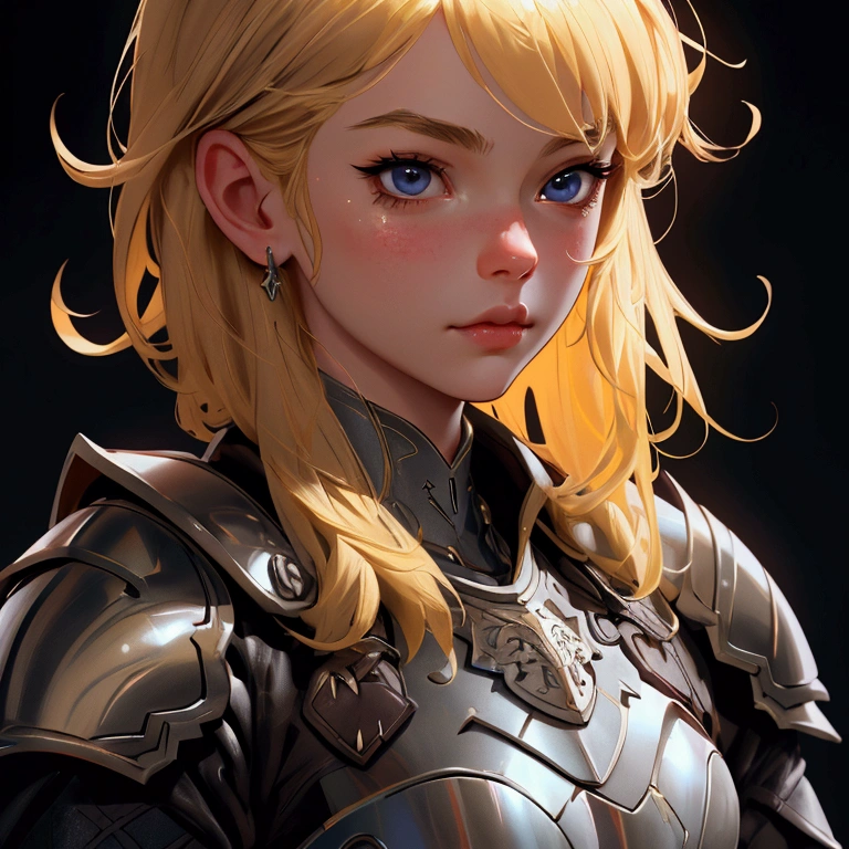 envision a 8k, highres, cinematic, beautiful close up portrait of a girl with pretty mature features with blonde hair, goggles, leather armor, fantasy armor, jrpg inspired armor, in dark lighting, against a dark gray background