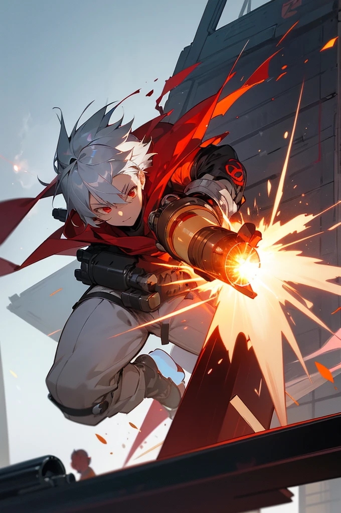 A boy of about with silver hair and red eyes is blowing up the city. Shota Cyborg. His right arm has been transformed into a cannon.、Red energy is emitted、It's piercing the building, launching missiles from the six-barreled catapults equipped on both shoulders, carrying out a bombing attack.