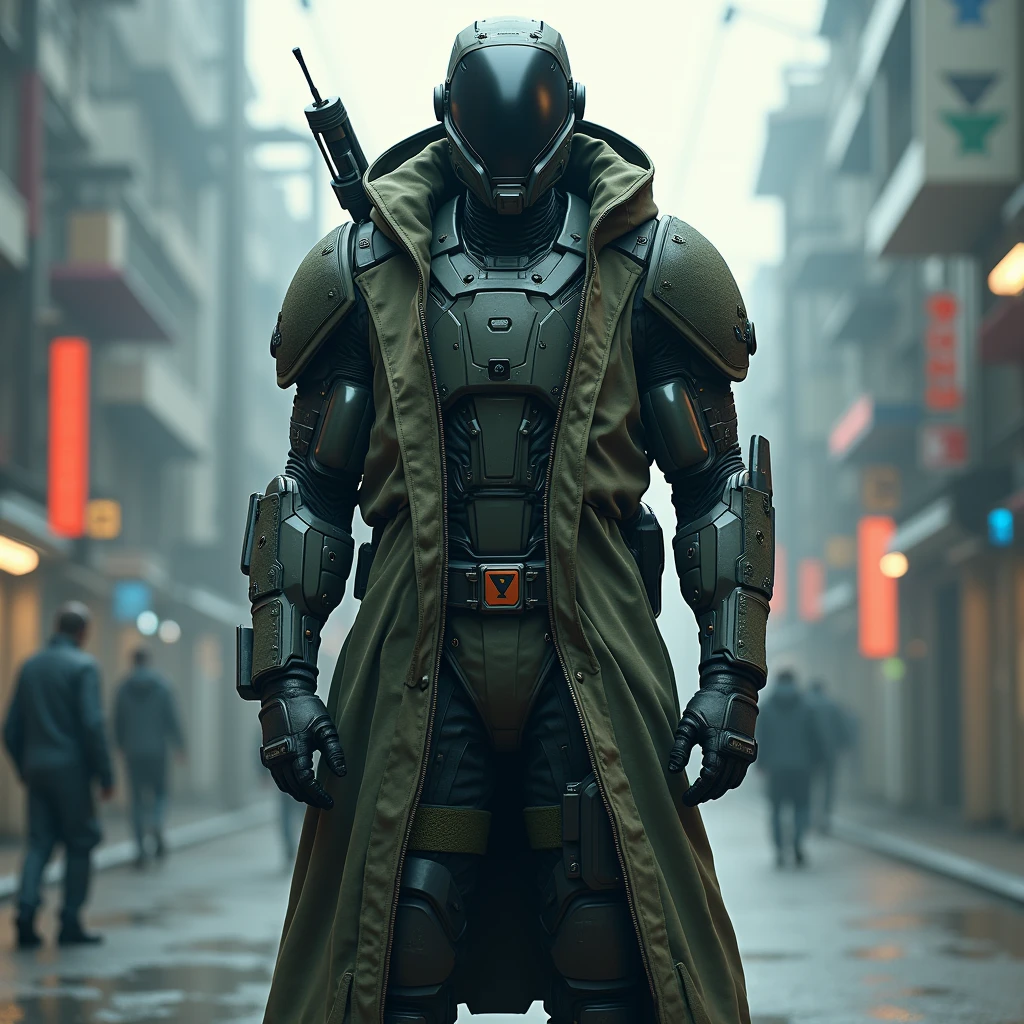 borderlands, call of duty, mascle, fully cybernetic, full-featured 'borg, military special forces cyborg, wearing futuristic armored camouflage tactical overcoat, cybernetic body and fully cybernetic head, head and face covered by full tactical visor, full body shot shot, completely in the frame, standing at attention, hands in pockets, lonely figure, single person, Cyberpunk Edgerunners styled, Edgerunners_styled