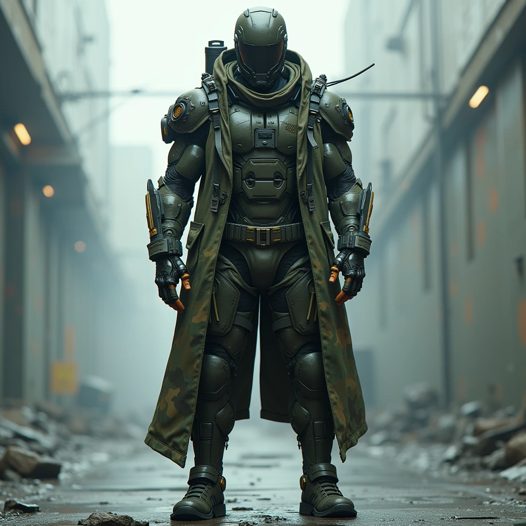 borderlands, call of duty, mascle, fully cybernetic, full-featured 'borg, military special forces cyborg, wearing futuristic armored camouflage tactical overcoat, cybernetic body and fully cybernetic head, head and face covered by full tactical visor, full body shot shot, completely in the frame, standing at attention, hands in pockets, lonely figure, single person, Cyberpunk Edgerunners styled, Edgerunners_styled
