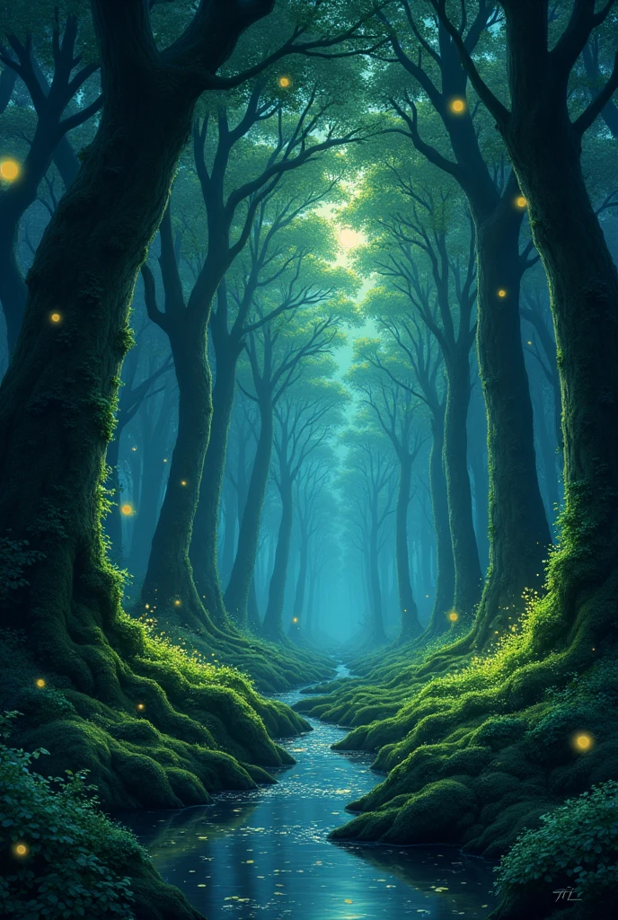 A dense forest with towering, ancient trees covered in moss, bathed in soft twilight. Fireflies hover around, creating a magical glow. The scene captures a mystical atmosphere with a gentle stream reflecting the twilight sky, evoking the tranquil charm of Hayao Miyazaki’s digital illustrations.