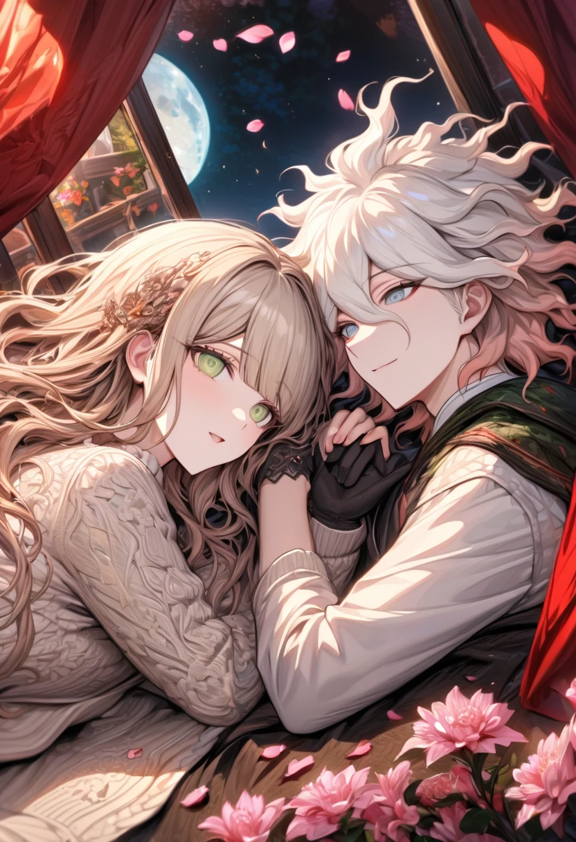 Ultra detailed, highres, absurdres, HDR, master piece, Aida, ash blonde hair with bangs, medium length hair, expressive light green eyes, Danganronpa, black ribbon at the side of her hair, white cardigan with black patterns, Komaeda Nagito, white hair, expressive gray green eyes, couple, in love, lying down together, pink flowers, petals, moon, window, red curtains, woman together with a man, handsome, extremely beautiful, very detailed face and eyes, best quality, fantasy, magical, black gloves, smiling, close up