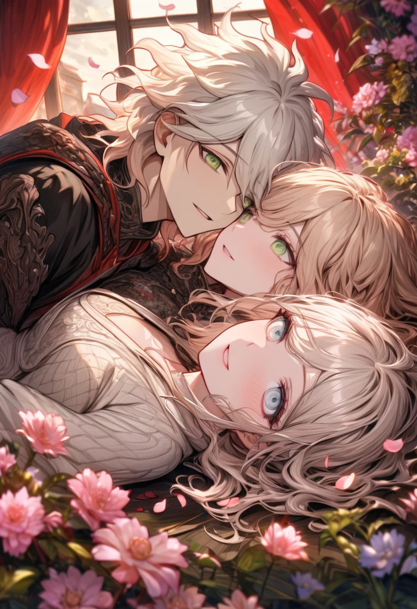 Ultra detailed, highres, absurdres, HDR, master piece, Aida, ash blonde hair with bangs, medium length hair, expressive light green eyes, Danganronpa, black ribbon at the side of her hair, white cardigan with black patterns, Komaeda Nagito, white hair, expressive gray green eyes, couple, in love, lying down together, pink flowers, petals, moon, window, red curtains, woman together with a man, handsome, extremely beautiful, very detailed face and eyes, best quality, fantasy, magical, black gloves, smiling, close up