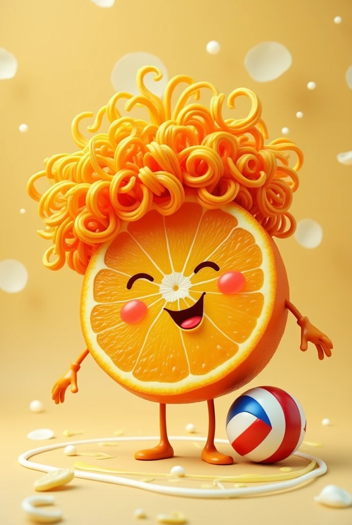 A fruit that is half an orange that has curly hair that has Caesar juice as a title in the image for an icon with a volleyball