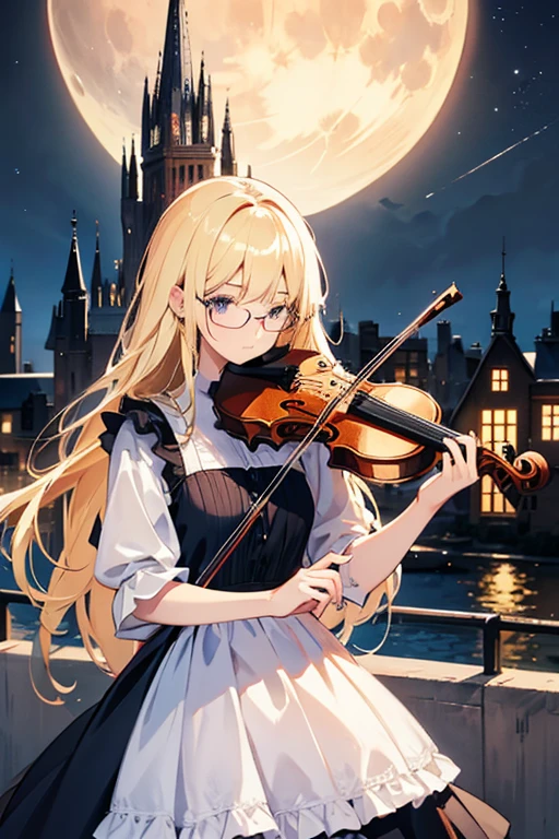 Girl with glasses playing the violin、Long Hair、Blonde、dress、European cityscape、moon、