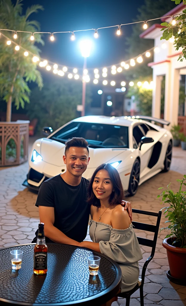 Very real, Beautiful evening atmosphere in an outdoor cafe, seorang pria tampan indonesia rambut pendek rapih tersenyum face is clearly visible memakai tshirt duduk disebuah kursi cafe outdoor bersama seorang wanita indonesia cantik tersenyum rambut shagy bob tersenyum memakai gaun of shoulders.face is clearly visible, In front of them was a table with two drinking glasses and a bottle of Jack Daniels. The atmosphere on the side of the road, there is a parked Lamborghini, The lights emit a very beautiful light. Very bright lighting. They both look at the camera., fashion, photo