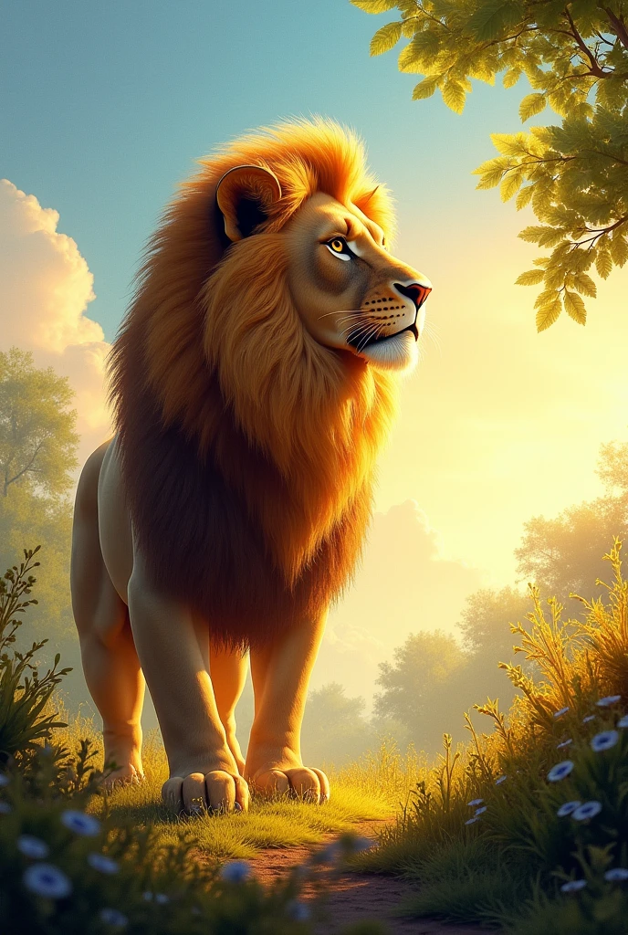 A morning pic with Lion with a motivation quotes writing there in English