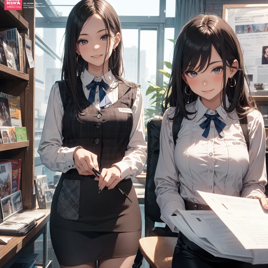 (Best Quality, Masterpiece),Wearing a pink plaid vest, White short sleeved shirt, Gray pencil skirt, Wear stiletto heels, Necklace, earrings, Cute face, Smile, Blushing, Shyness, Glass wall, Ultra Detail, Realistic, Front view, Whole body, stunning, cute, warm smile, hourglass figure, apron, text, chart, advertising, magazine title(Best Quality, Masterpiece), Mag((((1ladyl,)))) (masterpiece), (realistic), (best quality), (ultra-detailed), (wearing in [[white and gray check pattern]] Vest worn over white collared long-sleeved shirt:1.4), (gray vest with buttons:1.2), (Pink Theme:1.2), (blue ribbon ribbon:1.3), (Black theme:1.4), (Tight black pencil skirt:1.5), ((Brown pantyhose)), (high-heels:1.1),longskirt,office desk, office chair,Lulubre Unity 8K Wallpaper, pantyshot, long brown hair, office lady Magazine Cover, 1girl,  amazing, girl, 30 years old, house wiife, warm smile, hourglass figure, text, chart, advertising, magazine title