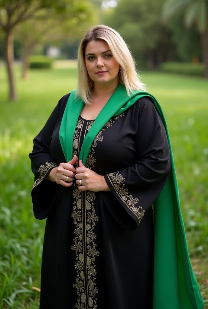 Close up, woman, blonde, plump, wearing a black caftan with a modern embroidered pattern, holding the Algerian flag around her neck, the color of the flag is white and green, looking directly at the camera, she is standing on the green nature