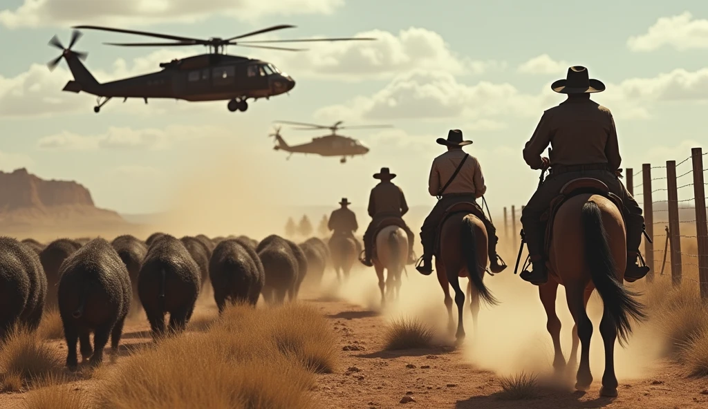 "A stunning scene in a barren Wild West landscape, where a large group of wild boar hunters riding horses and wearing cowboy hats are driving a huge herd of wild boars towards a wooden fence. Black military helicopters fly overhead, helping to drive the animals. The atmosphere is tense, with dust raised by the hooves of horses and wild boars. Distant mountains and partly cloudy sky in the background. The action is intense and full of movement, capturing the coordinated effort between the cowboys and the helicopters."