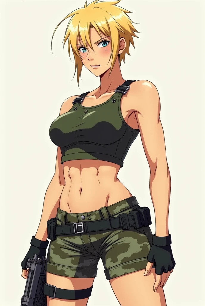 Best quality, masterpiece, naked, serious, sexy pose, Cammo, Sun, hot, dessert, wetting, water,tactical vest, neckline, warfare, leona from the king of fighters, anime, wild.