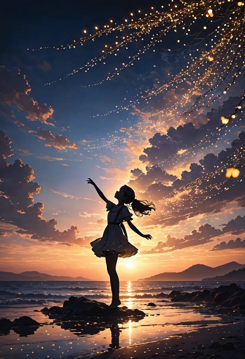 The image depicts a young silhouette standing against a stunning sunset backdrop. The sky transforms from deep black near the horizon to a deep white as it rises. The figure appears to be surrounded by a series of tiny glowing fairy lights, some of which are lit, creating a striking and captivating contrast to the dark silhouette. The figure appears to be extending one arm, perhaps adapting to or interacting with the lights. The overall mood of the image is peaceful and magical.