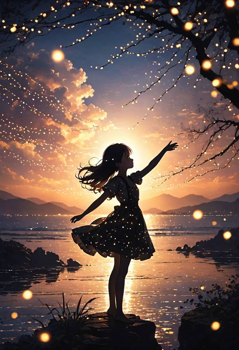 The image depicts a young silhouette standing against a stunning sunset backdrop. The sky transforms from deep black near the horizon to a deep white as it rises. The figure appears to be surrounded by a series of tiny glowing fairy lights, some of which are lit, creating a striking and captivating contrast to the dark silhouette. The figure appears to be extending one arm, perhaps adapting to or interacting with the lights. The overall mood of the image is peaceful and magical.