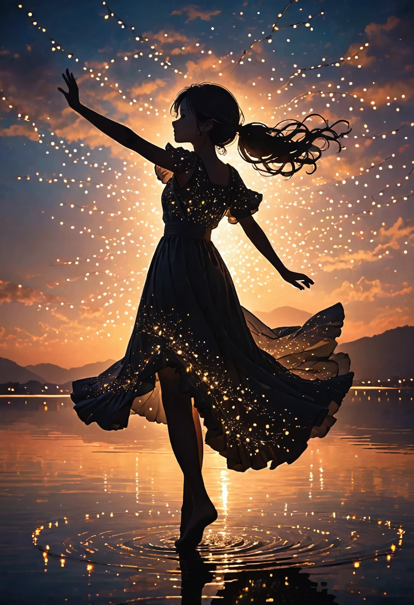 The image depicts a young silhouette standing against a stunning sunset backdrop. The sky transforms from deep black near the horizon to a deep white as it rises. The figure appears to be surrounded by a series of tiny glowing fairy lights, some of which are lit, creating a striking and captivating contrast to the dark silhouette. The figure appears to be extending one arm, perhaps adapting to or interacting with the lights. The overall mood of the image is peaceful and magical.