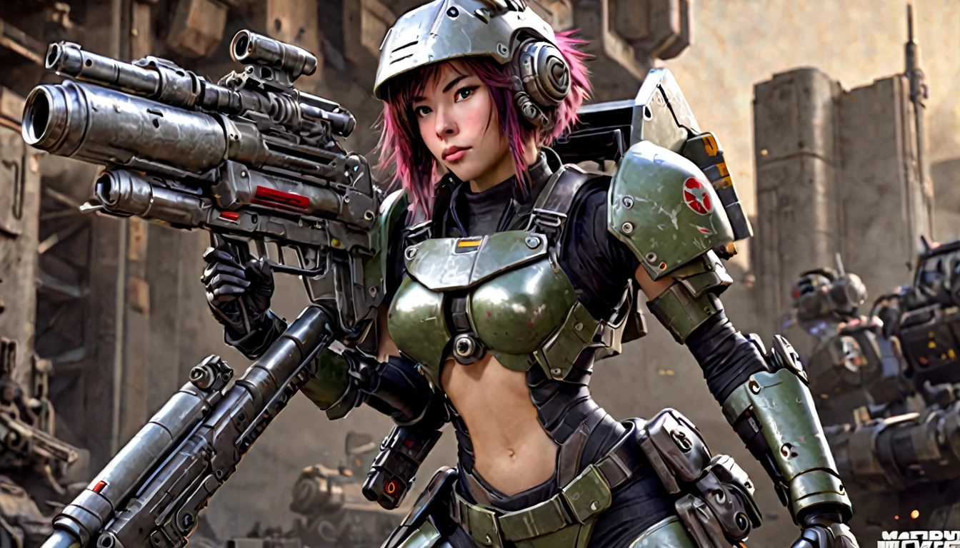 A female themed warbot, cute woman, mechanical face, back lit eyes, spike helmet hair, rugged design obvious metal slabs and big bolts, large weapons displayed with her including laser rifle with rocket launcher, (show her from head to toe, all 3 angles front, behind, and side, simple pose) character design and display page, photo realistic, hyper realistic
