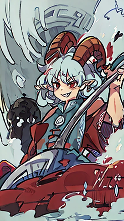 ((yuuma toutetsu)), (curved red horns, pointed ears), full body view, ((holding a shovel)), ((oil splattering)), very detailed face, ((evil smile)), thick thighs, standing up,