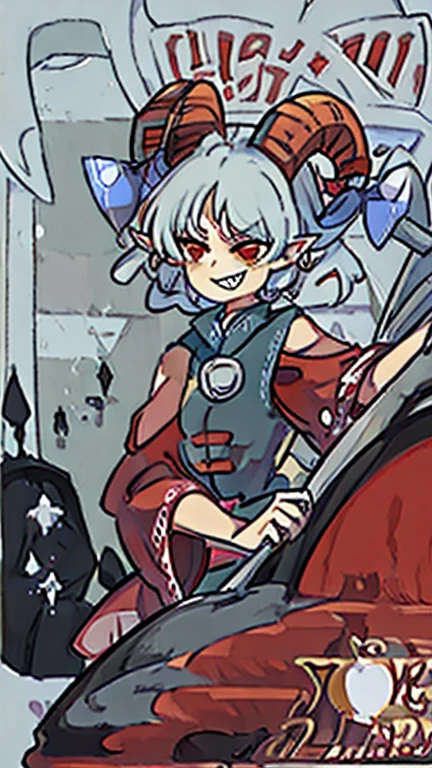 ((yuuma toutetsu)), (curved red horns, pointed ears), full body view, ((holding a shovel)), ((oil splattering)), very detailed face, ((evil smile)), thick thighs, standing up,