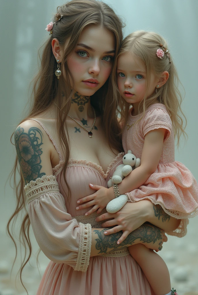   Girl with long light brown hair with tattoos and piercings and blue eyes, carrying a  girl with light brown hair and blue eyes wearing a pink dress and shoes and a stuffed bunny 