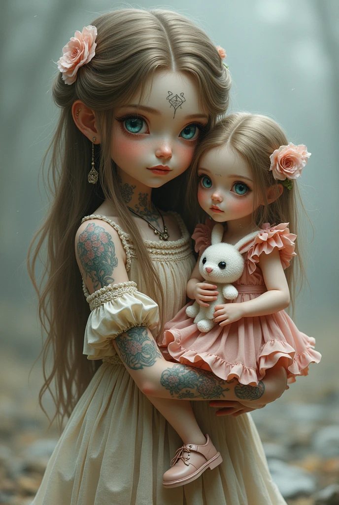 Girl with long light brown hair with tattoos and piercings and blue eyes, carrying a girl with light brown hair and blue eyes wearing a pink dress and shoes and a stuffed bunny
