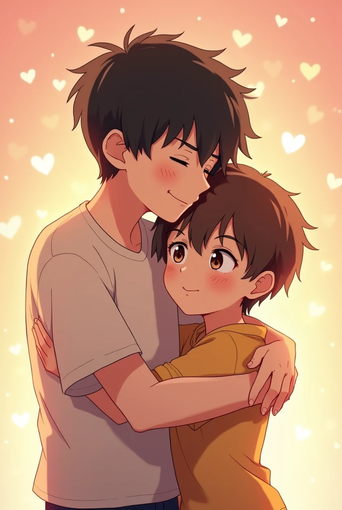 anime, tall boy with black hair, Brown eyes, 2d , with a kind smile, to hug another boy, that the other boy is brown-haired, a little lower than the other, blushing, with bangs, Brown eyes y que detrás de ellos haya chispas en forma de corazón