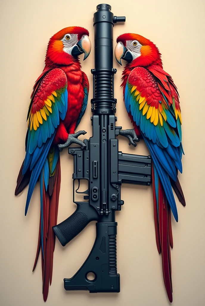 I want you to create a tattoo with the Brazilian army's IA2 rifle and two macaws, one red and one blue