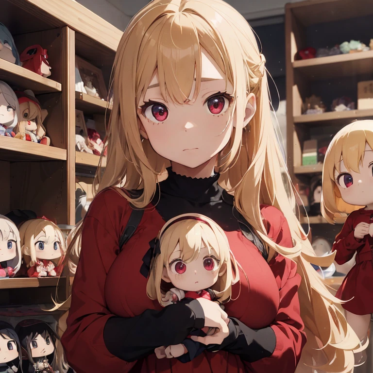 1 female, teenage girl, red long sleeve dress, blonde long hair, rosa cheeks, doll store, playing a dolls, sad face, huge breast, lonely, in darkest sky, black, tear in her face, fear