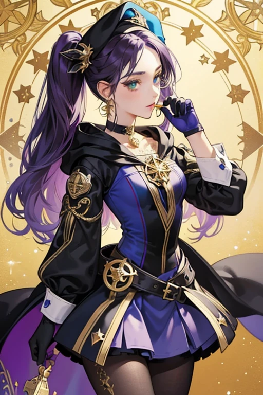 Mona is a young woman with fair skin. She has pale, sea green eyes. She has long dark purple hair with an uneven fringe tied up with black ribbons into two twintails, two gold compass rose ornaments clamped onto the tips. Her accessories consist of a gold earring designed to resemble a compass rose on her left ear, and a black choker necklace adorned with another gold compass rose.
Mona wears a low-cut blue-purple backless leotard with a detached blue-purple sleeves on her forearms and black gloves, along with a short blue-purple cloak, buttoned with a gold compass rose ornament hanging above her chest. Her Hydro Vision is mounted on the back of her cloak. She wears black translucent tights decorated with four-pointed stars on her left thigh. On top of her head rests a blue-purple witch hat, adorned with gold compass rose decals and ornaments.
SPARKLE; GLITTER
Her outfit, Flowing Fate, is described to be a light astrologist's outfit and does away with superfluous to provide top quality at an affordable price.