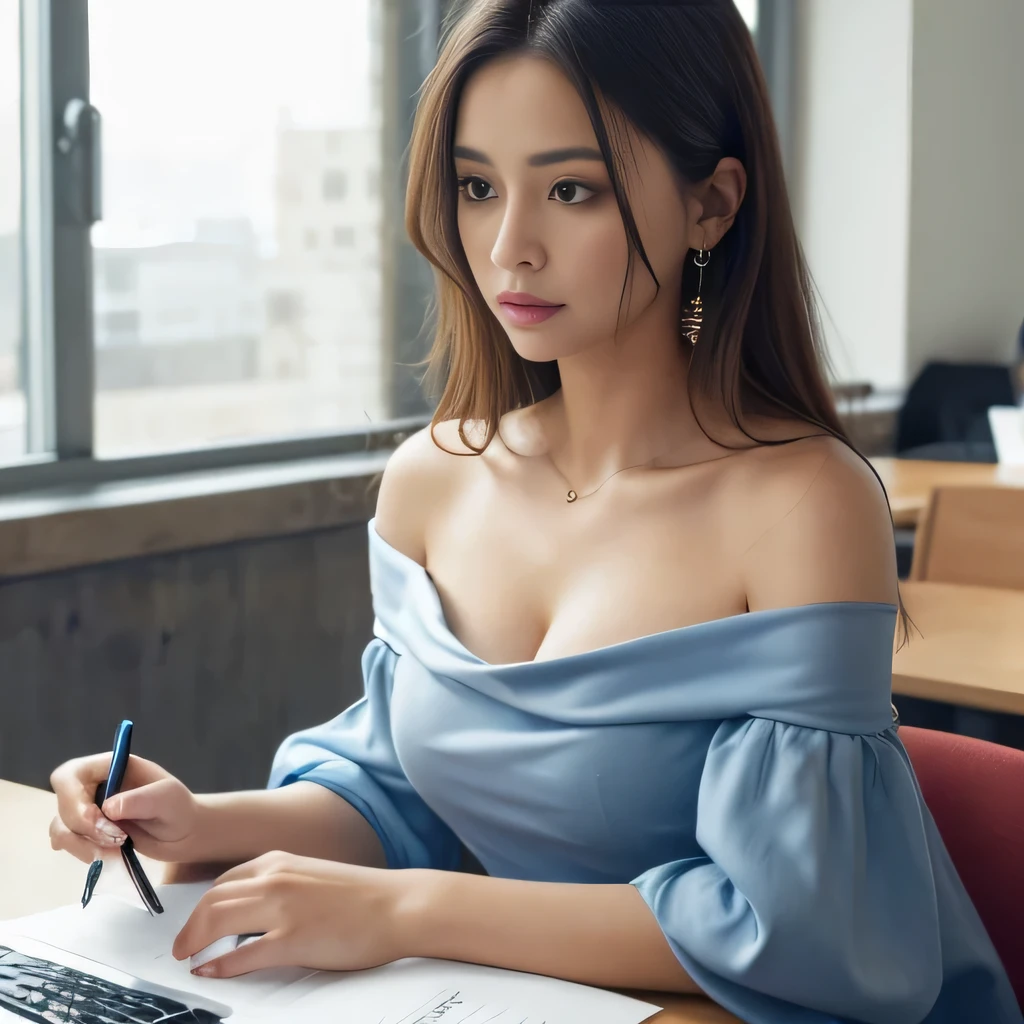 dirty off shoulder dress, open chest, cleavage, puffy sleeves, tangled hair, cowl neck, wrapped, office, at table, busy