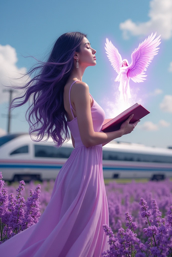 a very beautiful and attractive model with unique mixed purple and black long hair, wearing a long, tight, slim pink dress that shows off her beautiful and sexy body, she holds a magic book with a beautiful and radiant angel rising from the book. She is in a field of lilac flowers, with a modern high-speed train on the tracks in the background. The clear, cloudy sky is peaceful, and the overall mood of the image is dreamy and serene. The woman seems to be absorbed in watching the angel slowly rise from the magic book, with her eyes closed and a serene expression. mixed media and watercolor, artistic masterpiece, fantasy, super sharp overall, ultimate resolution