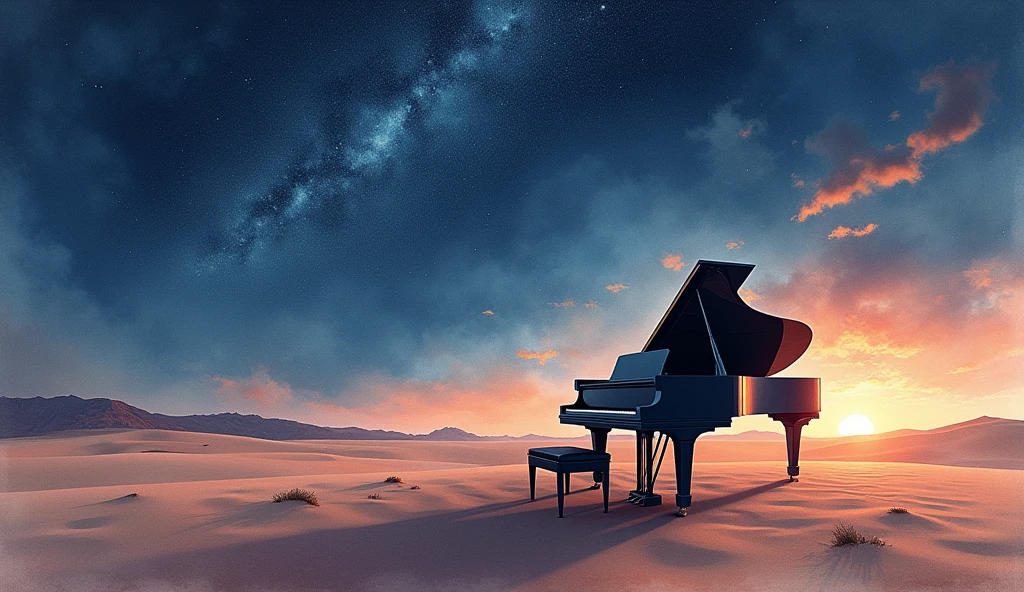 This image is、It depicts a scene in the desert with a grand piano and a bench.。The piano has a classic design.、It has a distinctive black glossy surface.。The bench is also black.、Located in front of the piano。
In the background is a vast expanse of sky.、The warm orange of the sunset can be seen near the horizon。The sky is slowly々It gets dark、The stars begin to shine、Further up, you can see the formation of galaxies。This change in the sky、It represents the transition from day to night.、Highlights the beauty of nature。
This scene、It creates a fantastic atmosphere where nature and human creations blend together.。The piano being placed in an unexpected location, the desert,、Visually stunning and beautiful。Realistic watercolor style