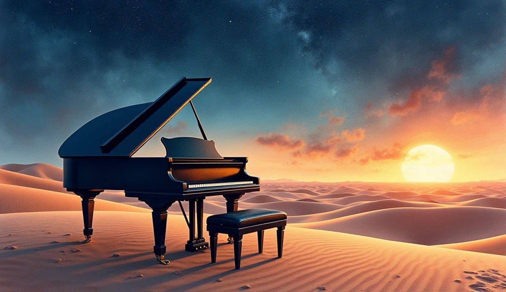This image is、It depicts a scene in the desert with a grand piano and a bench.。The piano has a classic design.、It has a distinctive black glossy surface.。The bench is also black.、Located in front of the piano。
In the background is a vast expanse of sky.、The warm orange of the sunset can be seen near the horizon。The sky is slowly々It gets dark、The stars begin to shine、Further up, you can see the formation of galaxies。This change in the sky、It represents the transition from day to night.、Highlights the beauty of nature。
This scene、It creates a fantastic atmosphere where nature and human creations blend together.。The piano being placed in an unexpected location, the desert,、Visually stunning and beautiful。Realistic watercolor style