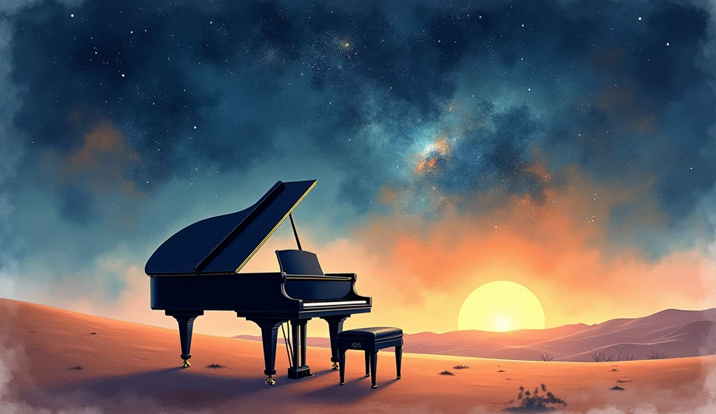 This image is、It depicts a scene in the desert with a grand piano and a bench.。The piano has a classic design.、It has a distinctive black glossy surface.。The bench is also black.、Located in front of the piano。

In the background is a vast expanse of sky.、The warm orange of the sunset can be seen near the horizon。The sky is slowly々It gets dark、The stars begin to shine、Further up, you can see the formation of galaxies。This change in the sky、It represents the transition from day to night.、Highlights the beauty of nature。

This scene、It creates a fantastic atmosphere where nature and human creations blend together.。The piano being placed in an unexpected location, the desert,、Visually stunning and beautiful。Realistic watercolor style