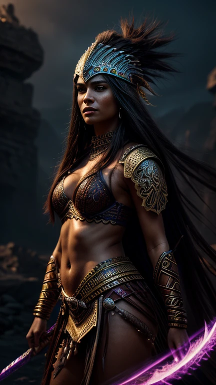a beautiful barbaric woman, detailed face, long flowing hair, fierce expression, wearing tribal armor and accessories, dramatic lighting, cinematic composition, vibrant colors, fantasy art, digital painting, hyper detailed, 8k, photorealistic
