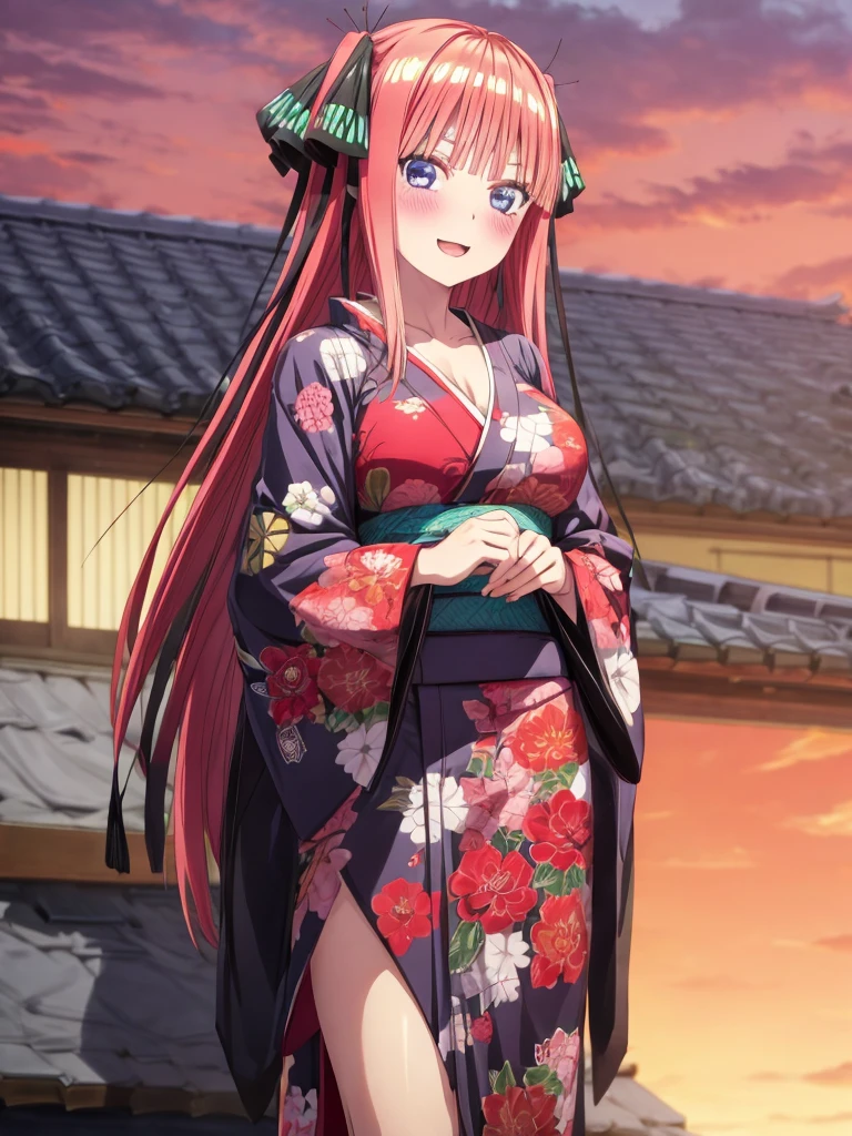 best quality, insanely detailed, nino nakano, breasts, blush, looking at viewer, cheerful eyes, arousal, kimono, highleg kimono, tight kimono, roof top background