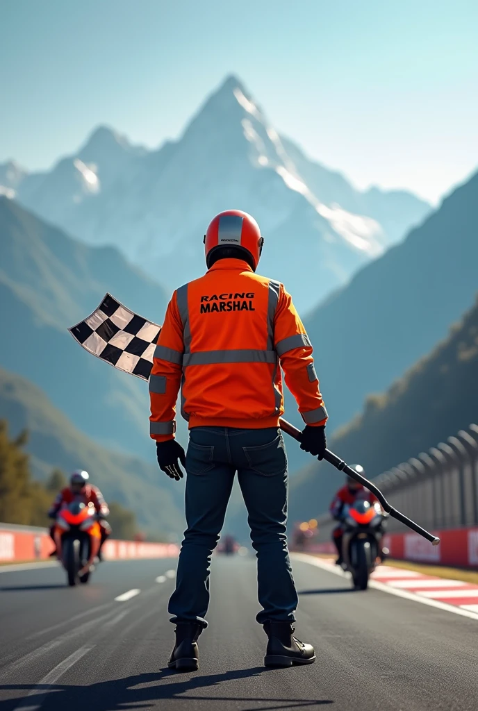 Create a dynamic and eye-catching poster showcasing a racing marshal in Nepal. The marshal is standing on a racetrack, wearing an orange bib with visible 'Racing Marshal' text. The marshal is holding a checkered flag, ready to signal the end of the race. The background includes a glimpse of the majestic Himalayas, with the track curving around the landscape. The atmosphere is intense, with a few racing bikes blurred in motion behind the marshal, capturing the speed and excitement of the event. The lighting is natural, with a soft sunlight glow reflecting off the marshal's bib and the checkered flag. The poster should highlight the marshal’s authority and the thrilling energy of the race, with bold, crisp colors and sharp details.