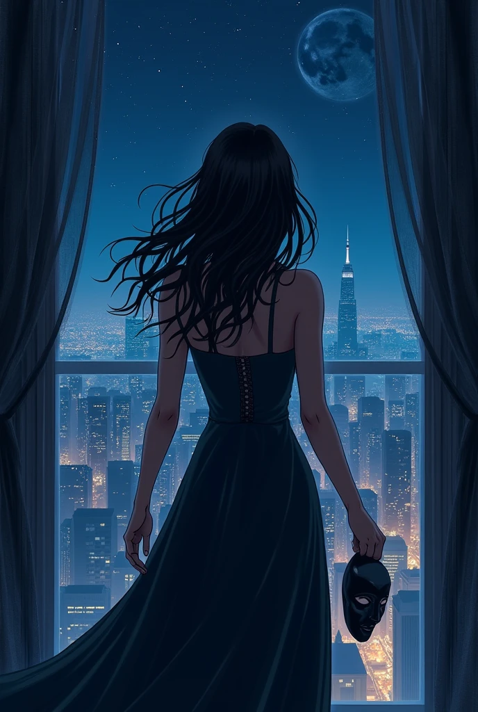 The cover shows Mara from behind, looking out over the night city from a window or balcony. She wears a long and elegant dress, and her hair moves slightly in the wind. In his hand, holds the mask, which hangs at its side, showing his face without revealing his expression. The background could include a starry night sky.