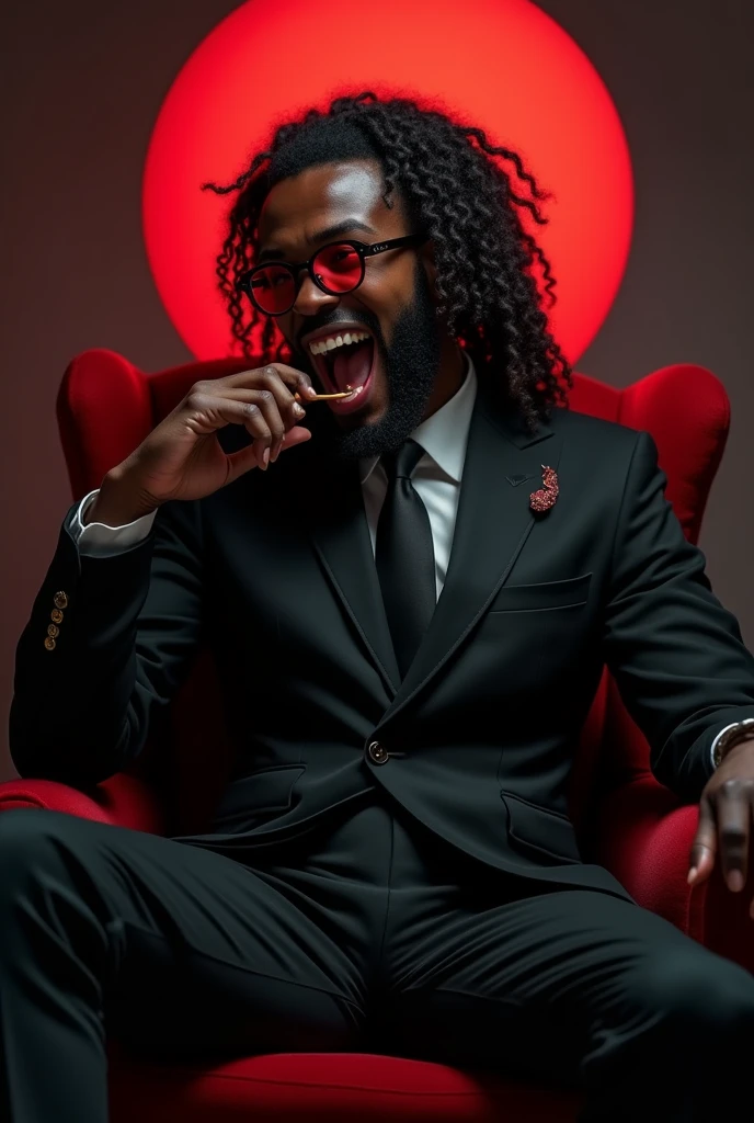 tall black man. 1 meter and 90 with curly hair with braids with ponytail and with a black suit with red details on the suit appearing with the vampire fangs showing and large appearing he is wearing black glasses with transparent red lenses he will be on a throne with his leg crossed with one hand stretching his mouth and showing the fangs. Fangs of the larger teeth much larger and he will be with a toothpick 