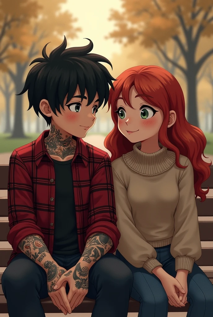 Two boys sitting on a park bench, Black haired boy with his arms full of tattoos, a red plaid button-down shirt,grey eyes.sitting two meters away next to a red-haired girl with green eyes and freckles, She is dressed in a thick sweater, He is glaring at the boy, blushing. and the boy is smiling and has a dimple.