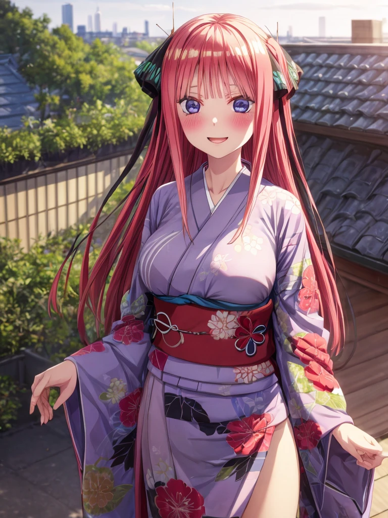 best quality, insanely detailed, nino nakano, breasts, blush, looking at viewer, cheerful eyes, arousal, kimono, highleg kimono, tight kimono, roof top background