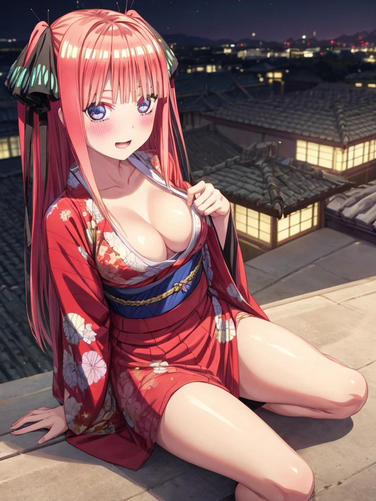 best quality, insanely detailed, nino nakano, breasts, blush, looking at viewer, cheerful eyes, arousal, kimono, highleg kimono, tight kimono, roof top background