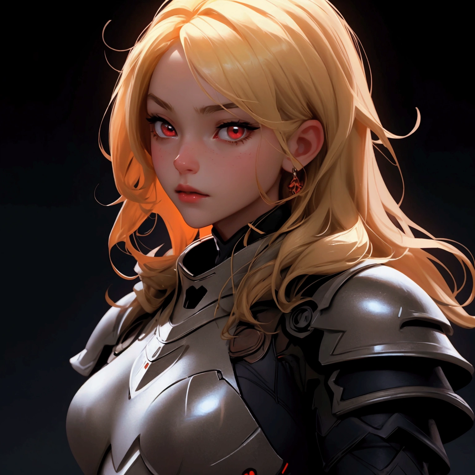 envision a 8k, highres, cinematic, beautiful close up portrait of a girl with pretty mature features with blonde hair, red eyes, goggles, black tight suit, fantasy armor, jrpg inspired armor, in dark lighting, against a dark gray background