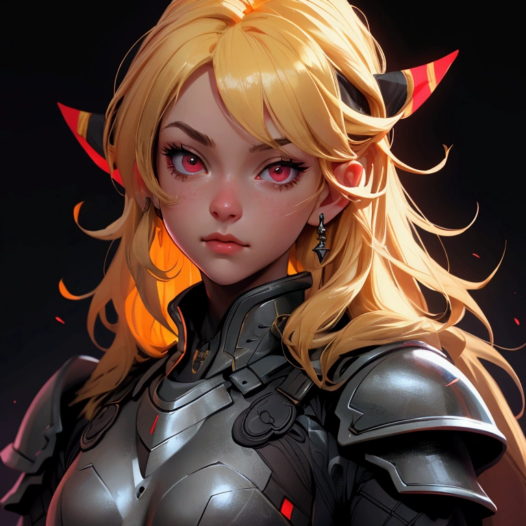 envision a 8k, highres, cinematic, beautiful close up portrait of a girl with pretty mature features with blonde hair, red eyes, goggles, black tight suit, fantasy armor, jrpg inspired armor, in dark lighting, against a dark gray background