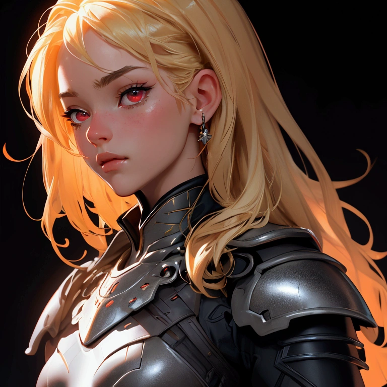 envision a 8k, highres, cinematic, beautiful close up portrait of a girl with pretty mature features with blonde hair, red eyes, goggles, black tight suit, fantasy armor, jrpg inspired armor, in dark lighting, against a dark gray background